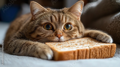 Wallpaper Mural Curious cat resting on soft surface with a slice of bread nearby Torontodigital.ca