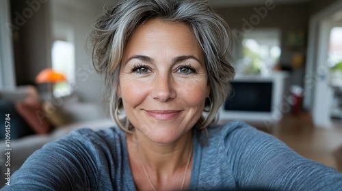 A middle-aged woman with a warmly inviting smile sits in a cozy living room setting, embodying comfort and contentment in a modern domestic space.