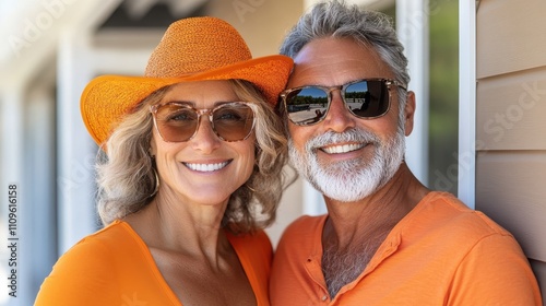 An older couple exuding style in bright orange clothing, against a light outdoor backdrop, embodying cheerful living and timeless elegance, with sunglasses. photo