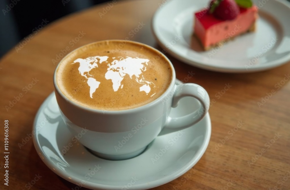 World map made of cinnamon on cappuccino foam. Cup of coffee, dessert, boarding passes. Travel concept. Cappuccino at the airport World map made of cinnamon on cappuccino foam. Cup of coffee, dessert, boarding passes. Travel concept. Cappuccino at the airport
