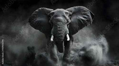 A striking black-and-white close-up of an elephant with its massive ears spread wide, standing tall and commanding respect.


