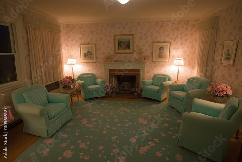 Elegant 1950s Living Room With Vintage Furniture, Patterned Wallpapers, And Pastel-Colored Accents, All Set Against A Warm, Inviting Background