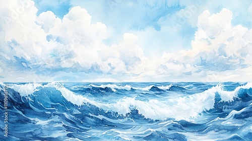 Wallpaper Mural Ocean Waves Watercolor Painting  Blue Sea  Sky Clouds Torontodigital.ca