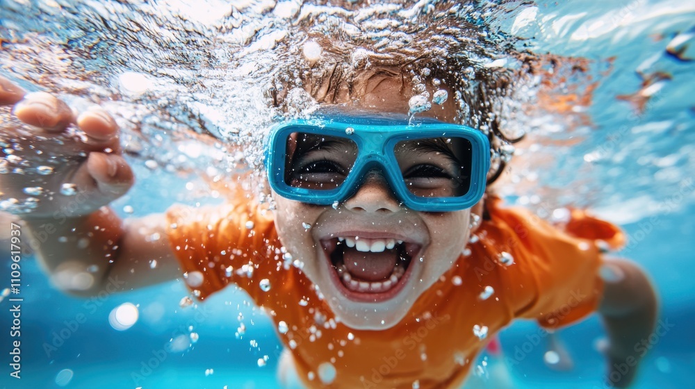 Naklejka premium A child is swimming underwater with blue goggles, radiating excitement and joy, epitomizing the carefree essence of playful childhood adventures in water.