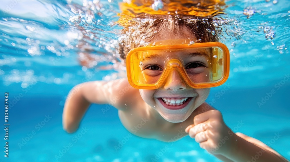 Naklejka premium A child with orange goggles swims underwater, smiling broadly, embodying the carefree joy and adventurous spirit of youth enjoying aquatic freedom.
