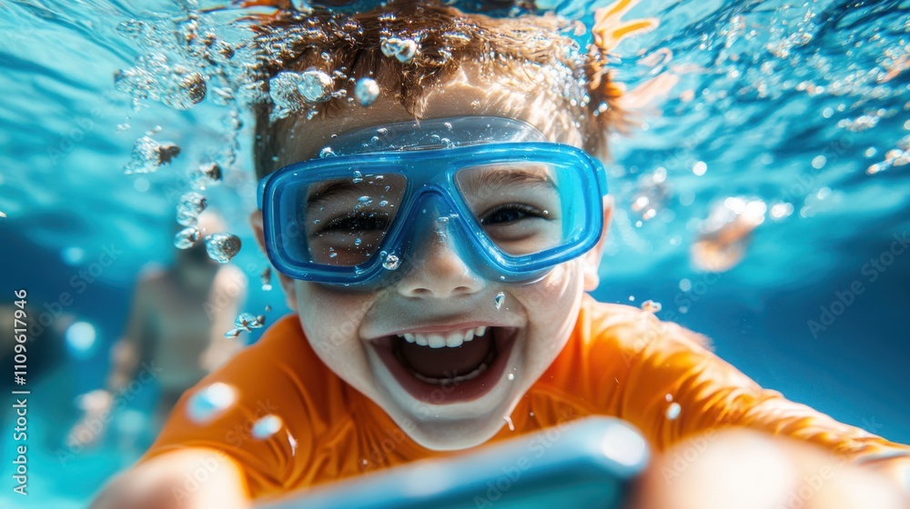 Fototapeta premium A young child with blue goggles is joyfully using a gadget underwater in a pool, showcasing the blend of modern technology and childhood happiness.