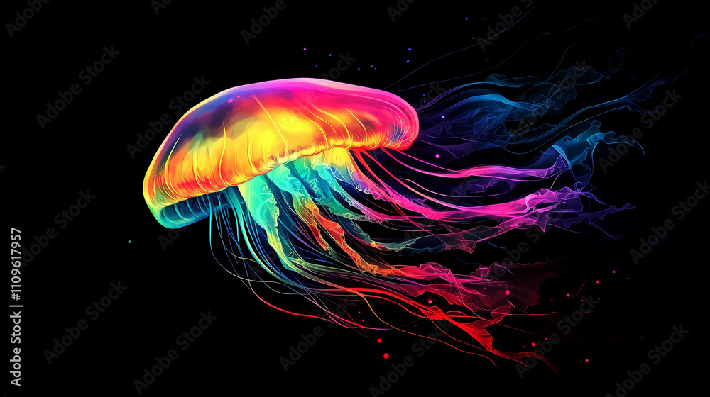 Fototapeta premium A jellyfish with a vibrant, rainbow-hued bell glowing in the inky darkness of the deep ocean