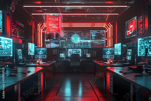 Modern digital office with multiple monitors, glowing neon lights, and vibrant cyberpunk-inspired aesthetics.