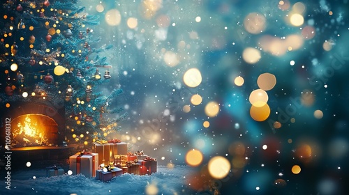 Festive Christmas tree background with sparkling bokeh lights, a cozy fireplace, presents, and decorations creates a magical holiday atmosphere for a greeting card or banner design. 