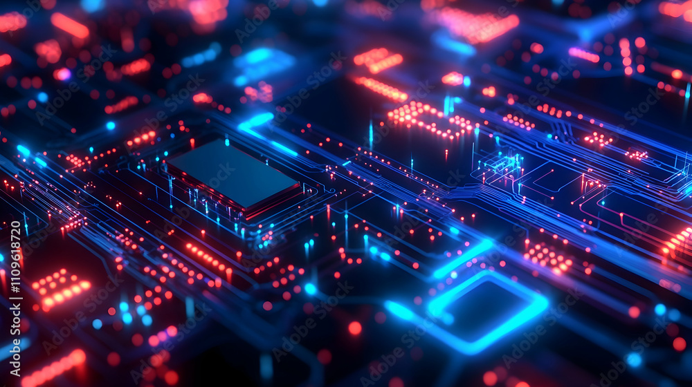 A glowing digital network featuring 3D circuit components in vibrant neon colors, representing advanced data systems. A glowing digital network featuring 3D circuit components in vibrant neon colors, representing advanced data systems.