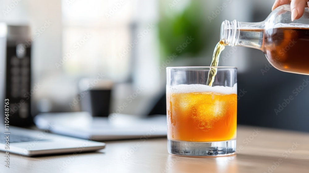 This image captures a drink being gently poured into a glass, forming a light foamy layer on top, set against an office backdrop creating a cozy atmosphere. This image captures a drink being gently poured into a glass, forming a light foamy layer on top, set against an office backdrop creating a cozy atmosphere.