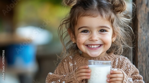 A delightful young girl beams with joy, holding a glass of milk while standing by a wooden wall, embodying innocence and warmth in a charming rural environment. photo