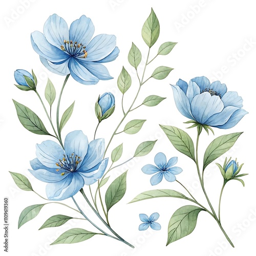 Watercolor blue Flower and leaf