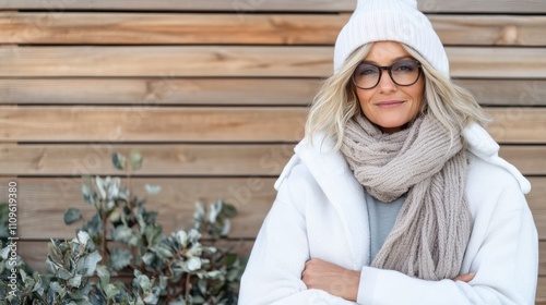 A confident woman with blonde hair and glasses wears a white beanie and a thick scarf, exuding warmth and style, against a wooden backdrop during winter.