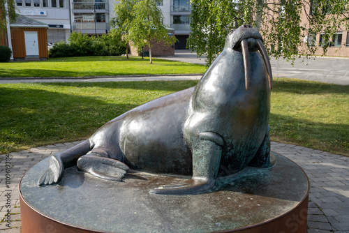 Harstad, Norway - 07.05.2024: Sculpture of Walrus on Harstad Embankment in Norway