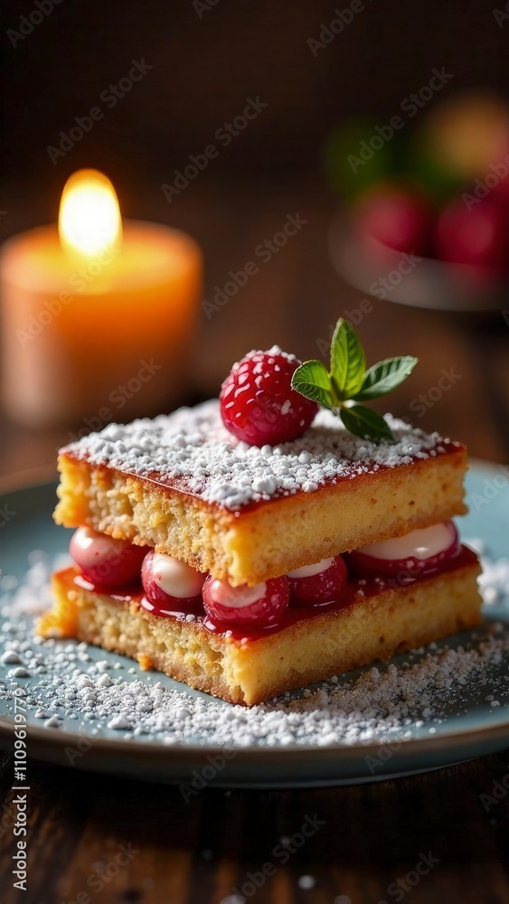 Close-up of Norwegian kransekake with powdered sugar, candle-lit table Close-up of Norwegian kransekake with powdered sugar, candle-lit table