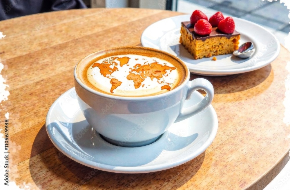 World map made of cinnamon on cappuccino foam. Cup of coffee, dessert, boarding passes. Travel concept. Cappuccino at the airport World map made of cinnamon on cappuccino foam. Cup of coffee, dessert, boarding passes. Travel concept. Cappuccino at the airport