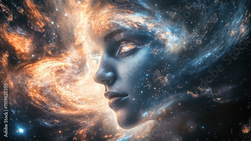 Mystical cosmic woman’s face with glowing eyes, surrounded by stars, nebula, and galactic light in space