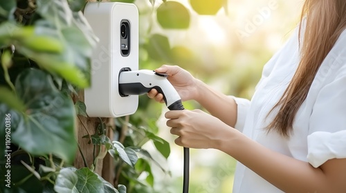 Electric car charging at home ev charger station setup modern lifestyle outdoor environment close-up view sustainable living photo