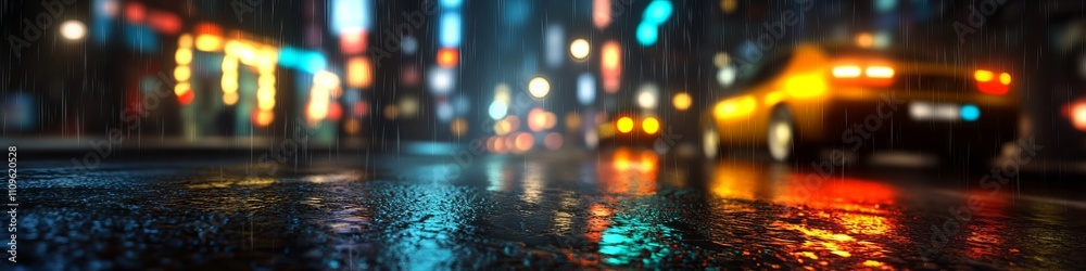 A vibrant city scene at night featuring illuminated buildings and a yellow taxi amidst falling rain. A vibrant city scene at night featuring illuminated buildings and a yellow taxi amidst falling rain.