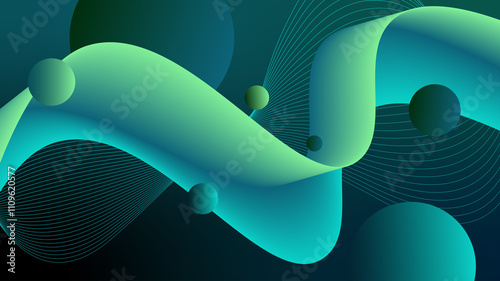 Abstract Blue and Green Gradient Background with Flowing Waves and Circles, Ocean-Inspired Design