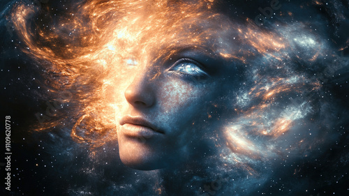 Mystical cosmic woman’s face with glowing eyes, surrounded by stars, nebula, and galactic light in space