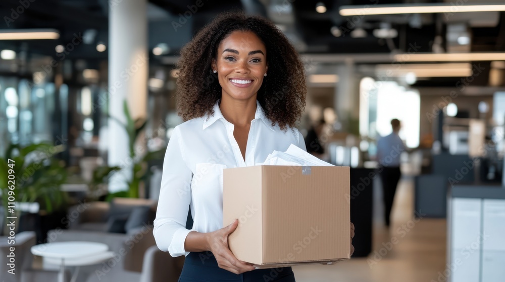 A professional woman with curly hair smiles warmly while holding a cardboard box in a modern office setting, showcasing a welcoming and positive work environment. A professional woman with curly hair smiles warmly while holding a cardboard box in a modern office setting, showcasing a welcoming and positive work environment.