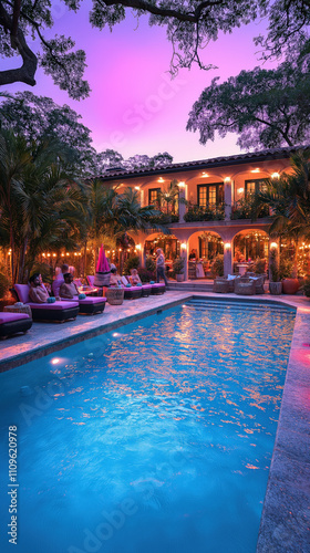 vibrant Christmas pool party scene  with festive decorations  lights reflecting off the water  and guests enjoying hot drinks in winter attire  creating a unique and cheerful smartphone wallpaper