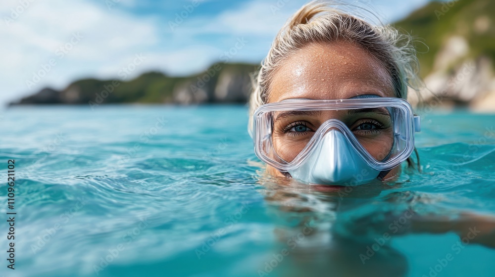 Naklejka premium A woman is captured swimming calmly near a shoreline with snorkeling goggles, emphasizing serene exploration of the mesmerizing clear blue waters of the ocean.