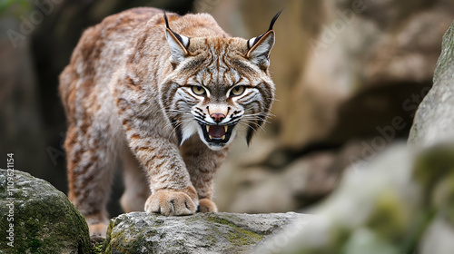 A snarling bobcat stepping down a rocky surface, showing its sharp teeth and fierce expression, symbolizing agility and predatory instincts.

 photo