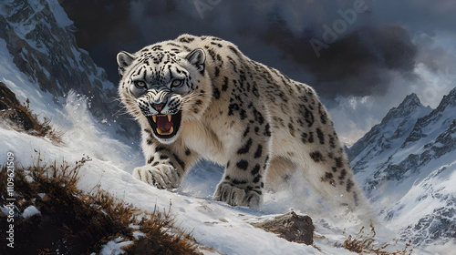  
A snow leopard standing on a rocky surface, snarling in a snowy environment, symbolizing dominance and resilience in nature.
