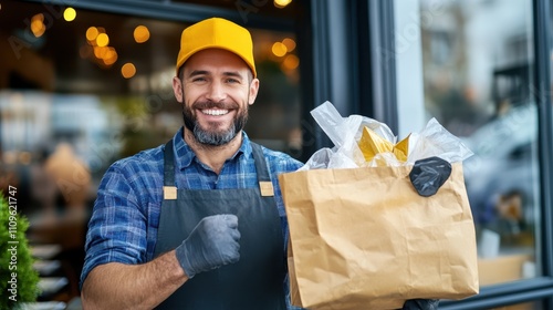 A cheerful worker with a beard and yellow cap holds a grocery bag filled with items, standing in front of a modern restaurant, embodying service and satisfaction. photo