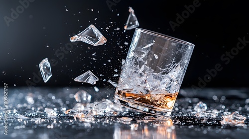 Health warning symbol featuring shattered glass of alcohol dark background conceptual art dramatic lighting risk awareness photo