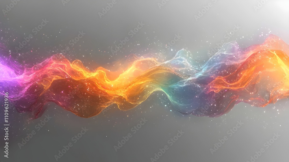 Obraz premium A vibrant wave of colorful abstract light flows gracefully across a gradient background, creating a serene and mesmerizing visual experience full of dynamic movement.
