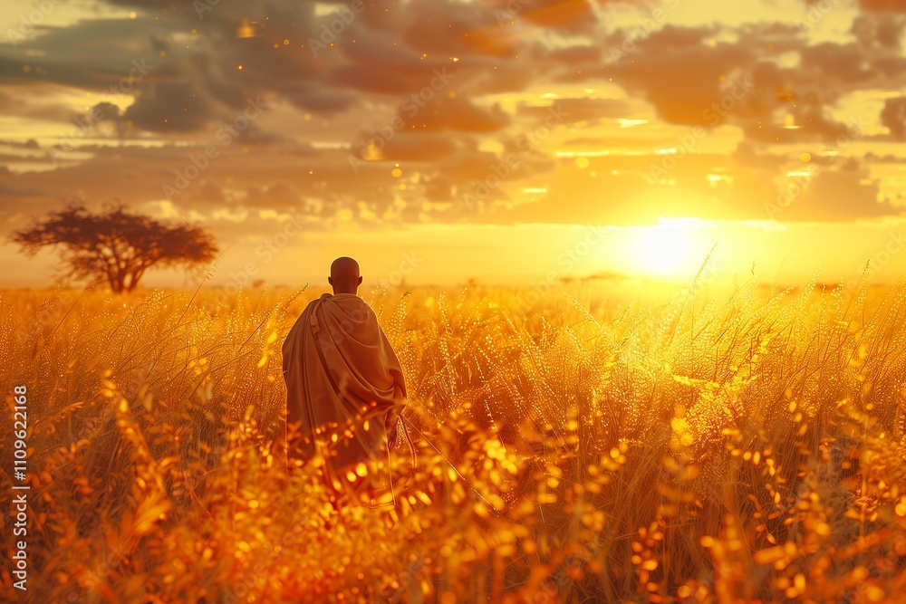 A serene sunset landscape with a silhouette of a person walking in golden grass fields. A serene sunset landscape with a silhouette of a person walking in golden grass fields.