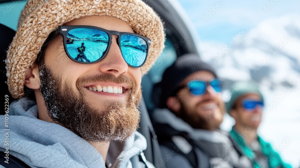 A group of men in winter attire and sunglasses enjoy a scenic snowy mountain view, conveying friendship, adventure, and the thrill of exploring icy landscapes. A group of men in winter attire and sunglasses enjoy a scenic snowy mountain view, conveying friendship, adventure, and the thrill of exploring icy landscapes.