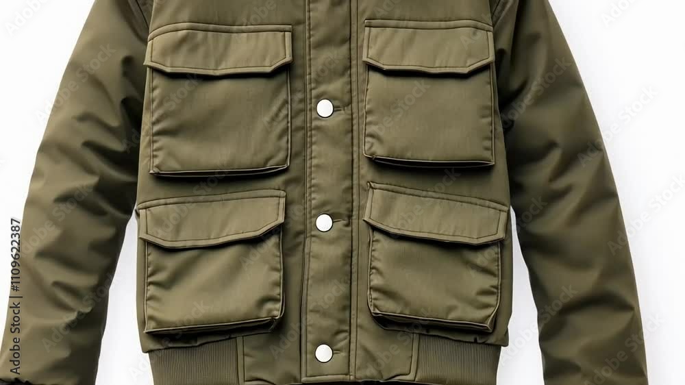 Olive green winter jacket with multiple pockets on white background, perfect for Christmas or camping Olive green winter jacket with multiple pockets on white background, perfect for Christmas or camping