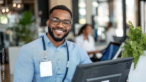 A joyful office worker with glasses and ID badge is happily working at their computer; a scene showcasing modern teamwork, productivity, and positive energy. photo