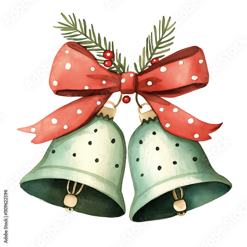 Two green bells with a red bow, watercolor christmas  clipart. transparent background, png.