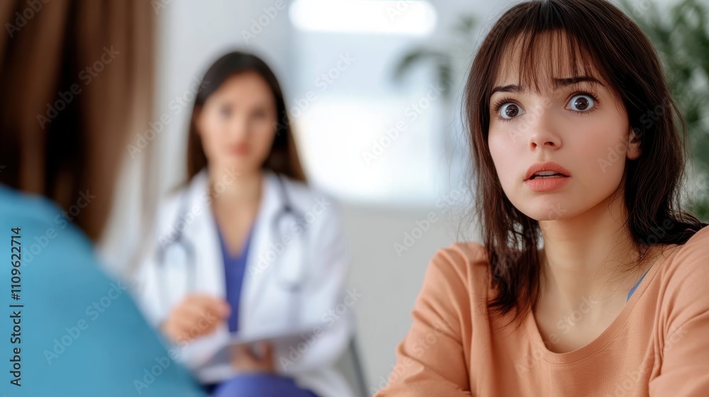 A young woman with a surprised expression sits in discussion with someone, possibly a doctor. The background features a medical professional holding a clipboard. A young woman with a surprised expression sits in discussion with someone, possibly a doctor. The background features a medical professional holding a clipboard.