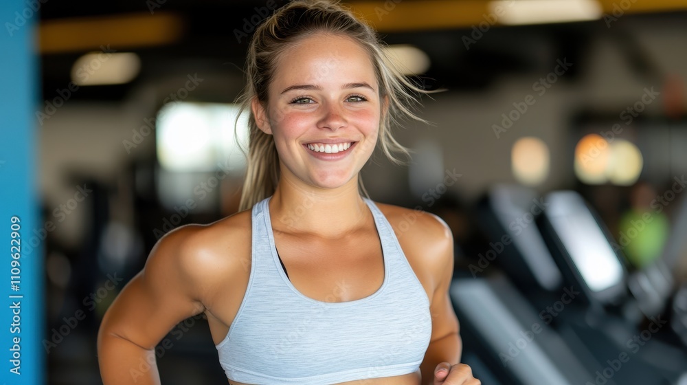 Young woman in a sports bra smiling while running on a treadmill in a modern gym, showcasing a healthy lifestyle and focus on fitness.