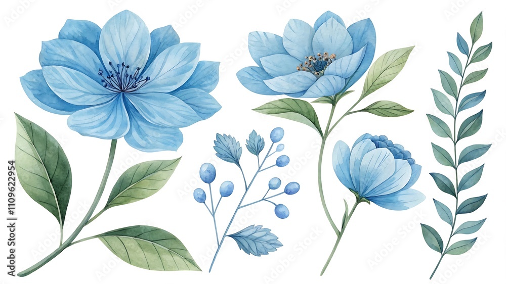 Fototapeta premium Watercolor blue Flower and leaf