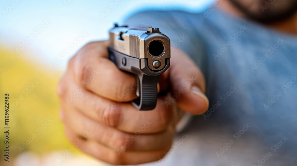 A man is holding a handgun pointed directly forward, showcasing focus and tension, against a blurred background, highlighting the intent and precision. A man is holding a handgun pointed directly forward, showcasing focus and tension, against a blurred background, highlighting the intent and precision.