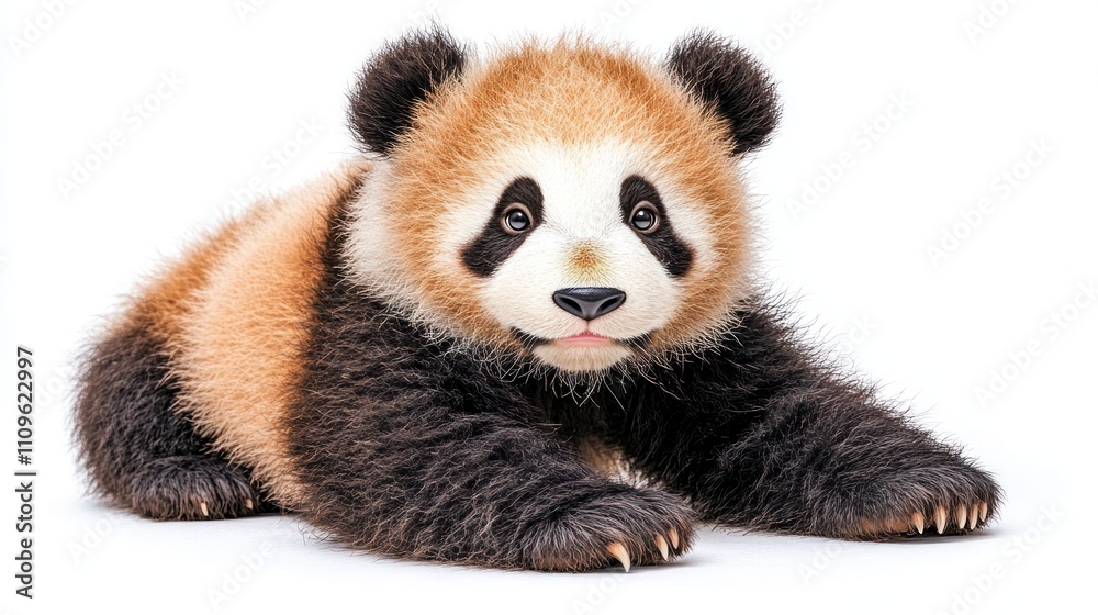 Fototapeta premium Playful panda cub enjoys a moment of curiosity in a bright, cheerful setting