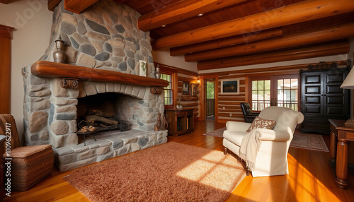 A Rustic Living Room with a Stone Fireplace and Exposed Beams photo