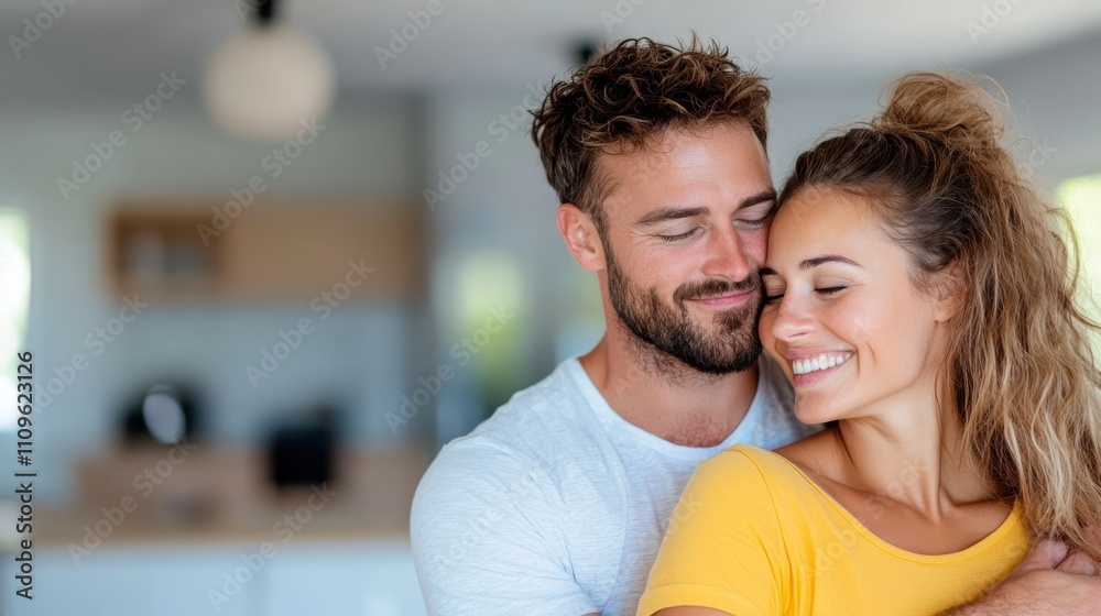 A joyful couple sharing tender moments, showcasing affection, connection, and the warmth of their relationship against a softly blurred background indoors. A joyful couple sharing tender moments, showcasing affection, connection, and the warmth of their relationship against a softly blurred background indoors.