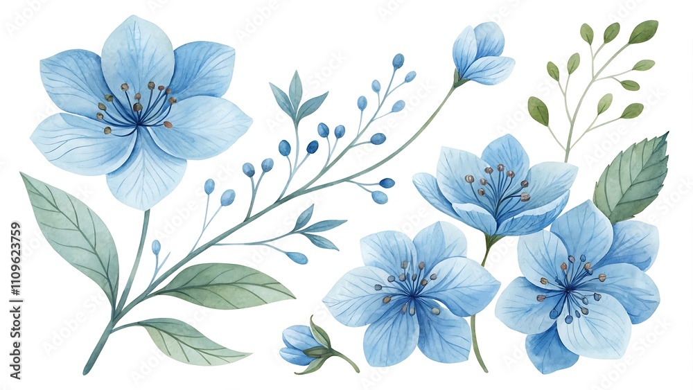Fototapeta premium Watercolor blue Flower and leaf