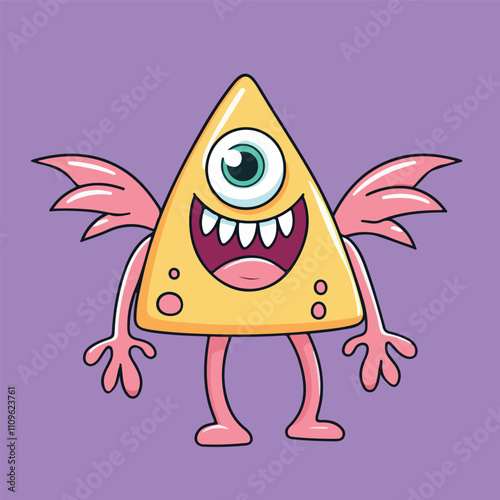 Cute Pink Triangle Monster with Wings Cartoon Illustration