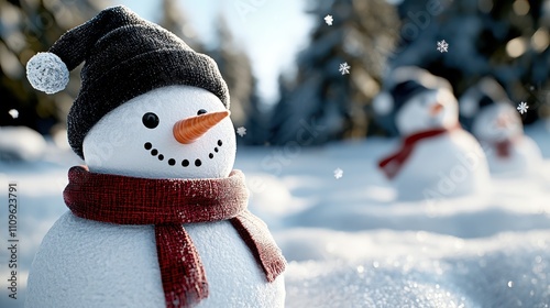 A cheerful snowman with a carrot nose and black hat stands in a snowy winter landscape, accompanied by falling snowflakes and a blurred background. photo