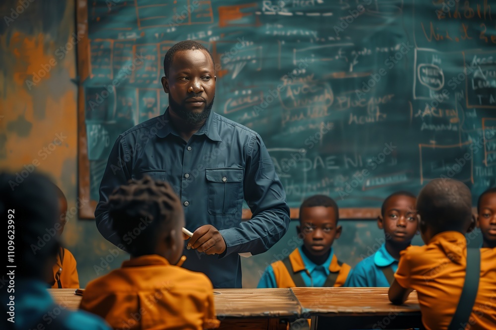 A teacher engaging with students in a vibrant classroom setting. A teacher engaging with students in a vibrant classroom setting.